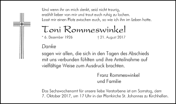 Traueranzeige von Toni Rommeswinkel von Stadtspiegel Bottrop