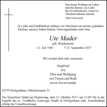 Traueranzeige von Ute Made von Stadtanzeiger Velbert + Heiligenhaus