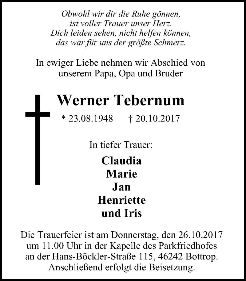  Traueranzeige für Werner Tebernum vom 25.10.2017 aus Stadtspiegel Bottrop