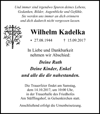 Traueranzeigen Von Wilhelm Kadelka | Trauer-in-NRW.de