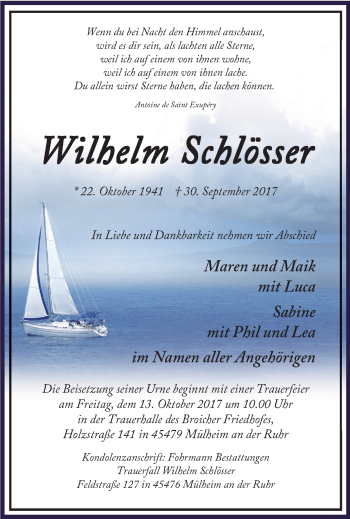 Traueranzeige von Wilhelm Schlösser von Mülheimer Woche