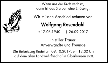 Traueranzeige von Wolfgang Rosendahl von Wochen-Anzeiger Oberhausen