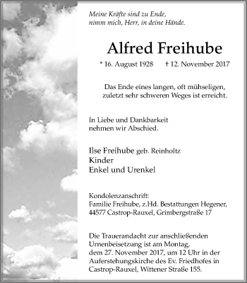Traueranzeige von Alfred Freihube von Stadtanz.Castrop-Rauxel