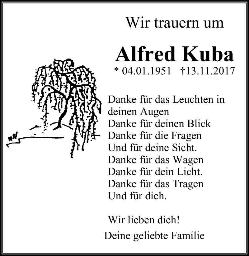  Traueranzeige für Alfred Kuba vom 22.11.2017 aus Der Weseler + Der Xantener
