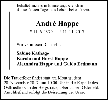 Traueranzeige von André Happe von Wochen-Anzeiger Oberhausen