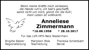 Traueranzeige von Anneliese Zimmermann von Niederrhein-Anz. Dinsl./Voerde/Hünxe