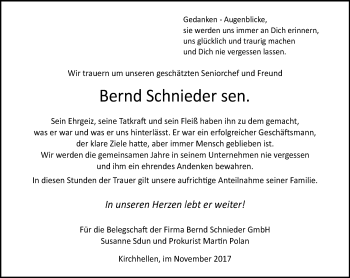 Traueranzeige von Bernd Schnieder von Stadtspiegel Bottrop