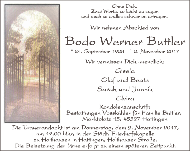  Traueranzeige für Bodo Werner Buttler vom 04.11.2017 aus Stadtspiegel Hattingen/Niedersprockhövel