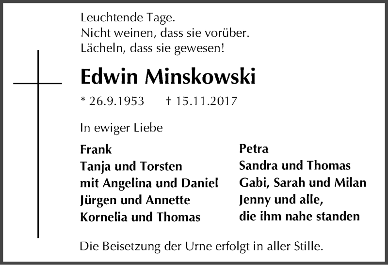  Traueranzeige für Edwin Minskowski vom 22.11.2017 aus Stadtspiegel Bochum
