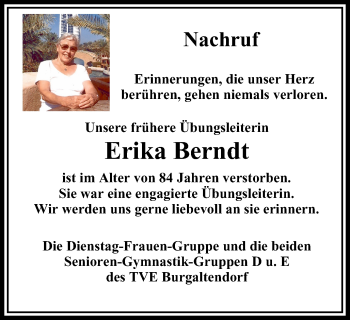 Traueranzeige von Erika Berndt von Ruhr Kurier