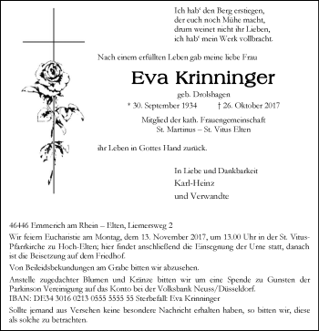 Traueranzeige von Eva Krinninger von Stadtanzeiger Emmerich/Rees/Isselburg