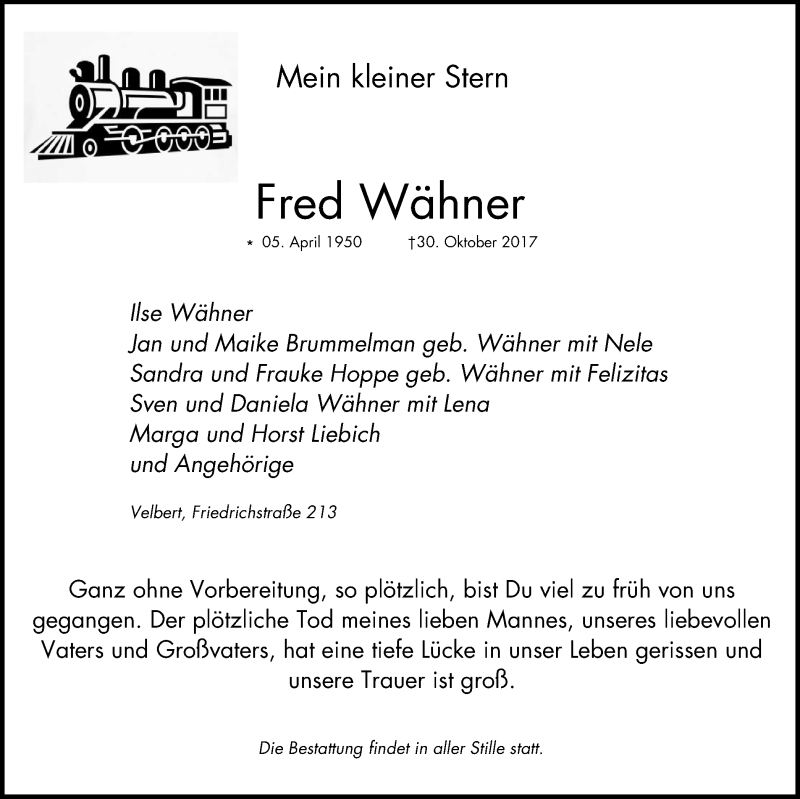  Traueranzeige für Fred Wähner vom 04.11.2017 aus Stadtanzeiger Velbert + Heiligenhaus