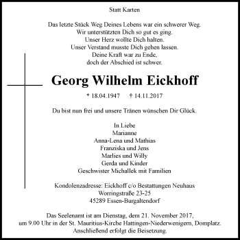Traueranzeige von Georg Wilhelm Eickhoff von Stadtspiegel Hattingen/Niedersprockhövel