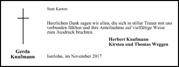 Traueranzeige von Gerda Knufmann von Stadtspiegel Iserlohn + Hemer