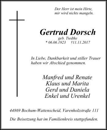 Traueranzeige von Gertrud Dorsch von Stadtspiegel Wattenscheid