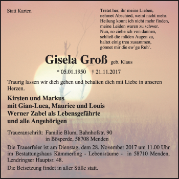Traueranzeige von Gisela Groß von Stadtspiegel Menden + Froendenberg