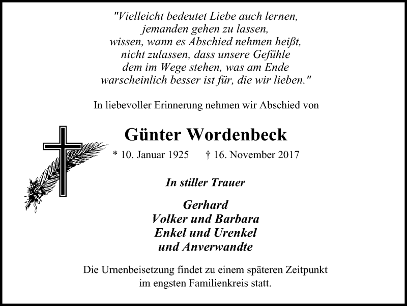  Traueranzeige für Günter Wordenbeck vom 25.11.2017 aus Stadtanzeiger Velbert + Heiligenhaus