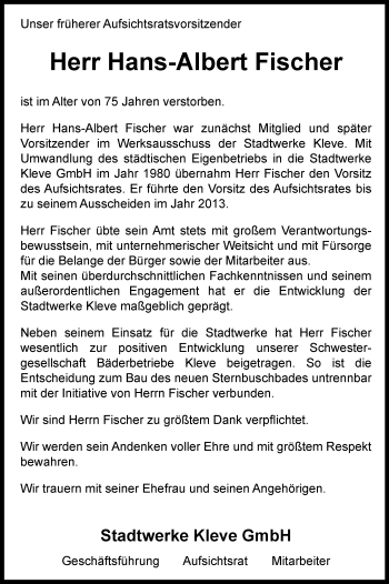 Traueranzeige von Hans-Albert Fischer von Klever Wochenblatt