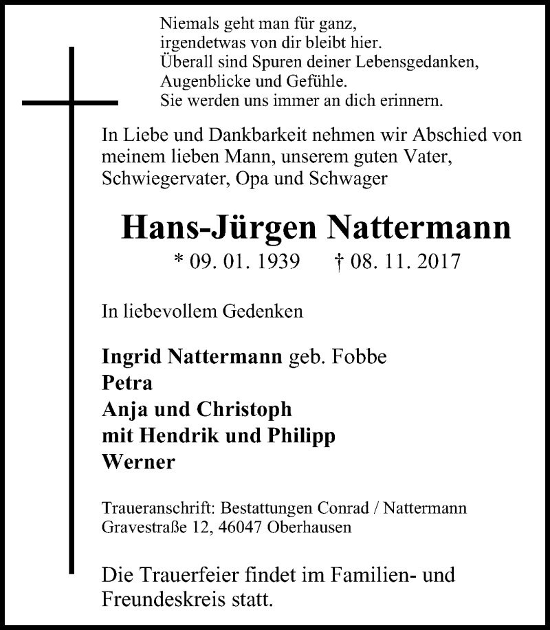  Traueranzeige für Hans-Jürgen Nattermann vom 15.11.2017 aus Wochen-Anzeiger Oberhausen