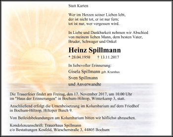 Traueranzeige von Heinz Spillmann von Stadtspiegel Bochum