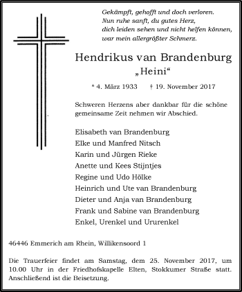 Traueranzeige von Hendrikus van Brandenburg von Stadtanzeiger Emmerich/Rees/Isselburg