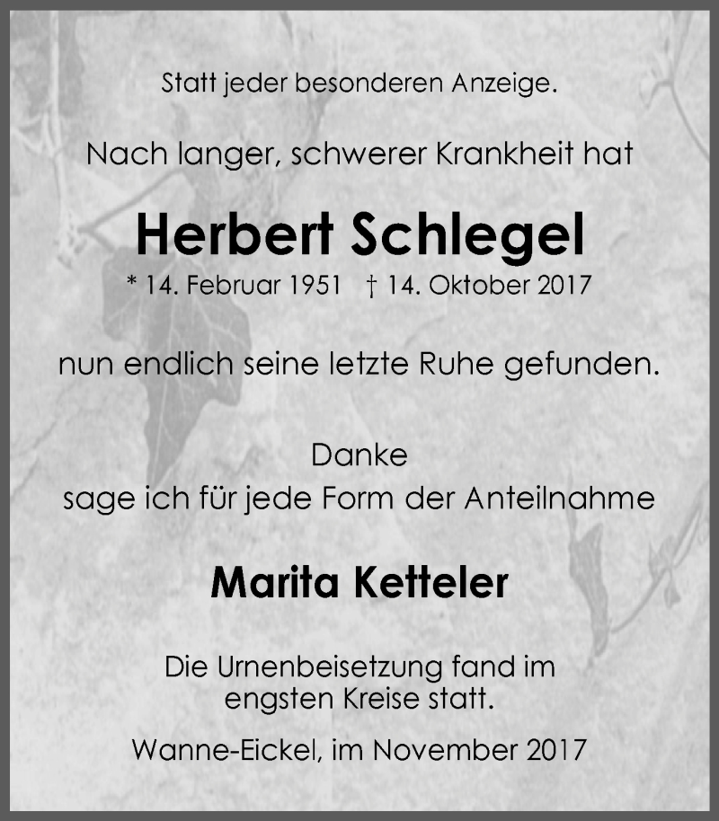  Traueranzeige für Herbert Schlegel vom 04.11.2017 aus Wochenblatt Herne/Wanne-Eickel
