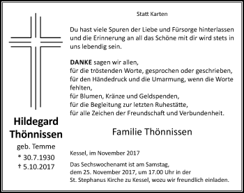 Traueranzeige von Hildegard Thönissen von Klever + Gocher Wochenblatt