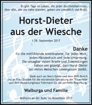 Traueranzeige von Horst-Dieter aus der Wiesche von Mülheimer Woche