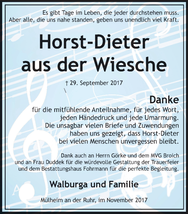  Traueranzeige für Horst-Dieter aus der Wiesche vom 11.11.2017 aus Mülheimer Woche