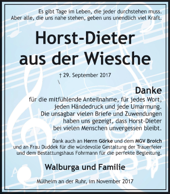 Traueranzeige von Horst-Dieter aus der Wiesche von Mülheimer Woche