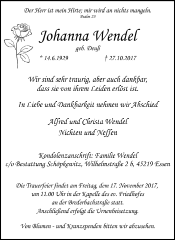Traueranzeige von Johanna Wendel von Kettwig Kurier
