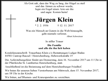 Traueranzeige von Jürgen Klein von Stadtanz.Castrop-Rauxel