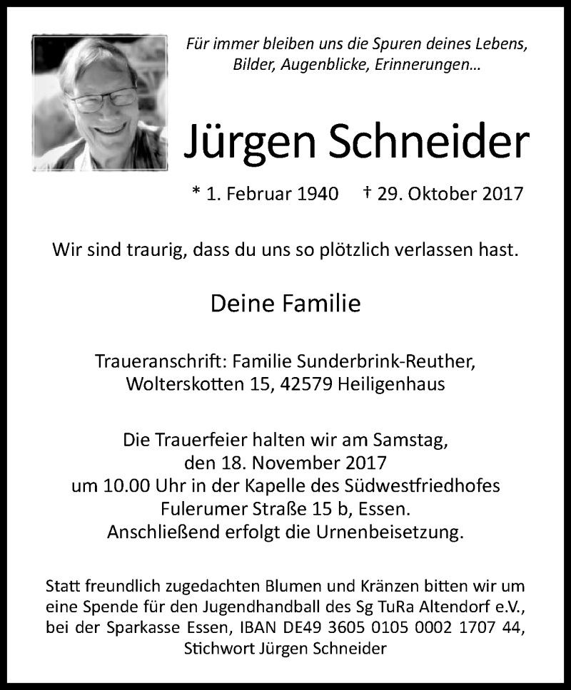  Traueranzeige für Jürgen Schneider vom 11.11.2017 aus West Anzeiger Essen