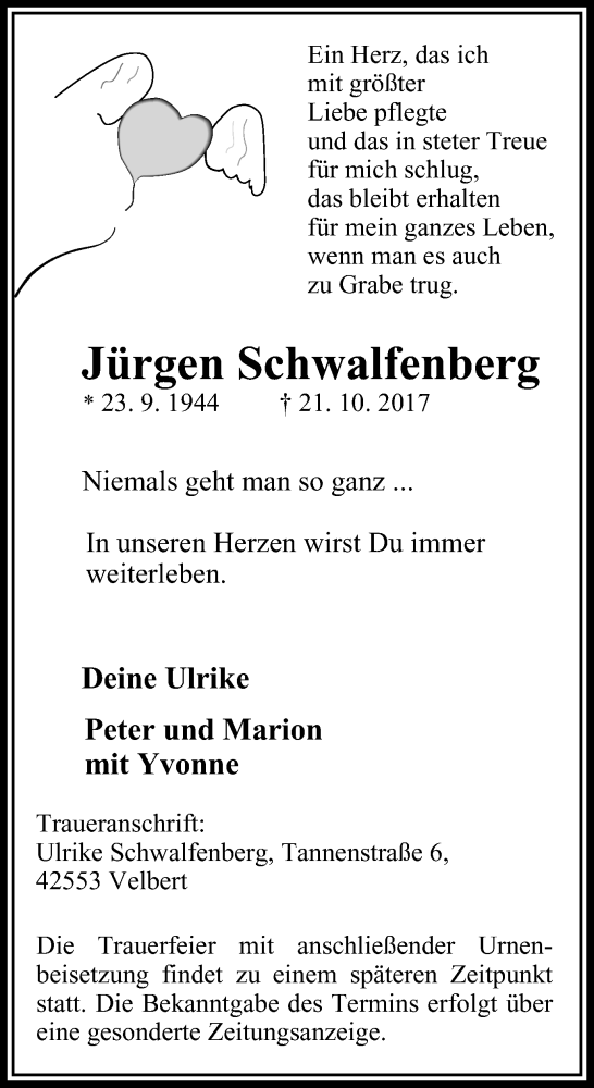  Traueranzeige für Jürgen Schwalfenberg vom 11.11.2017 aus Stadtanzeiger Velbert + Heiligenhaus