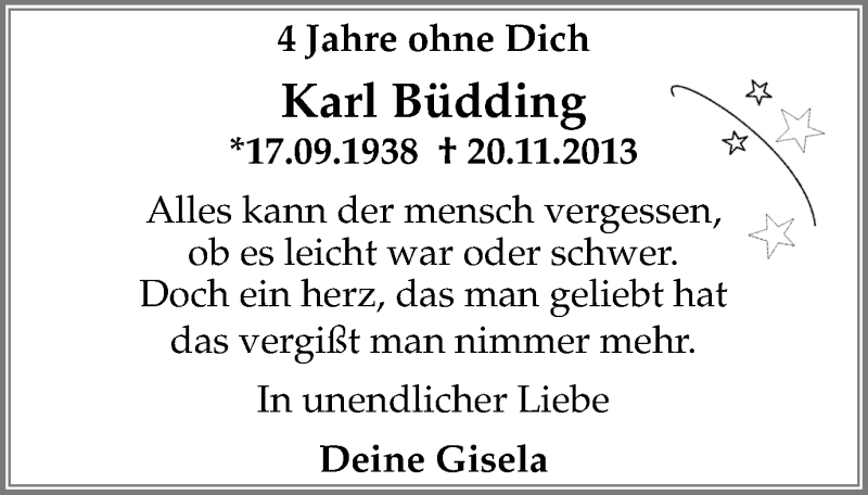  Traueranzeige für Karl Büdding vom 22.11.2017 aus Stadtanz.Castrop-Rauxel