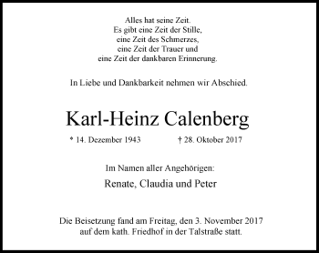 Traueranzeige von Karl-Heinz Calenberg von Stadtanzeiger Velbert + Heiligenhaus