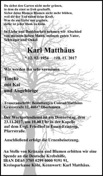 Traueranzeige von Karl Matthäus von Wochen-Anzeiger Oberhausen