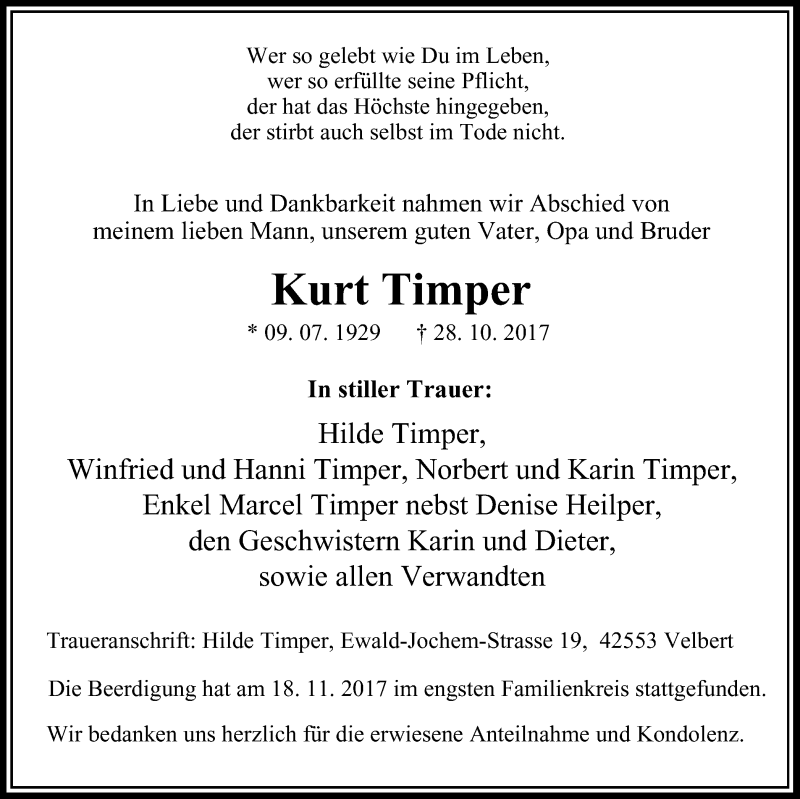  Traueranzeige für Kurt Timper vom 22.11.2017 aus Stadtanzeiger Velbert + Heiligenhaus