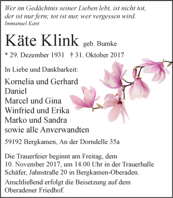 Traueranzeige von Käte Klink von Stadtspiegel Kamen + Unna