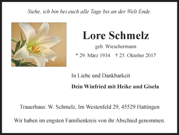Traueranzeige von Lore Schmelz von Stadtspiegel Hattingen/Niedersprockhövel