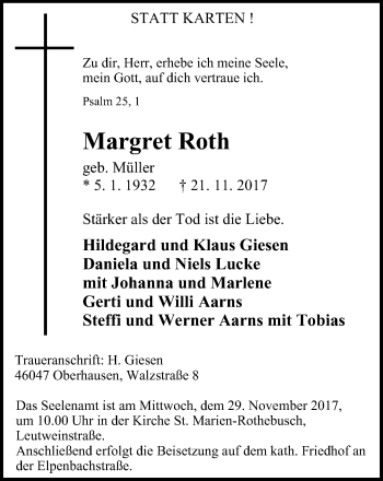 Traueranzeige von Margret Roth von Wochen-Anzeiger Oberhausen