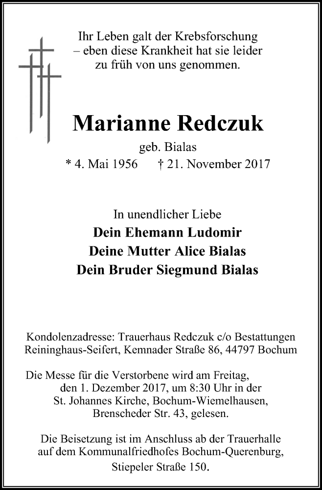  Traueranzeige für Marianne Redczuk vom 25.11.2017 aus Stadtspiegel Bochum