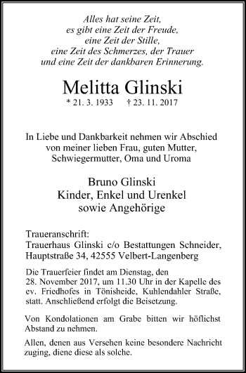Traueranzeige von Melitta Glinski von Stadtanzeiger Velbert + Heiligenhaus