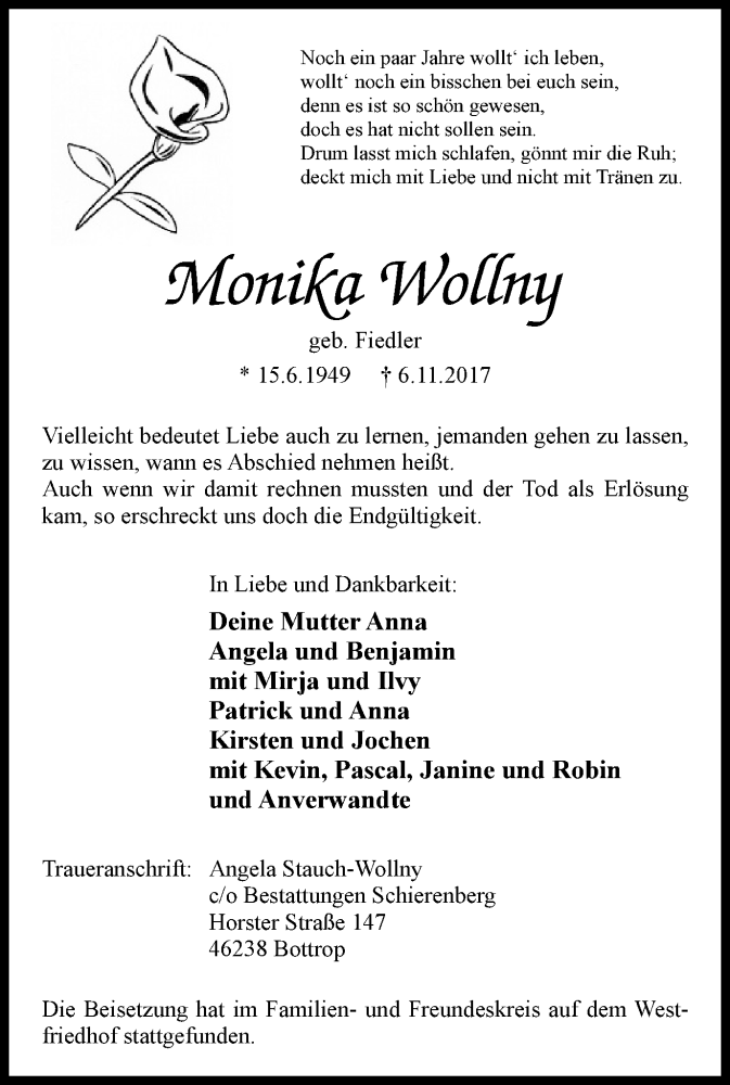  Traueranzeige für Monika Wollny vom 11.11.2017 aus Stadtspiegel Bottrop