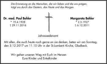 Traueranzeige von Paul und Margareta Behler von Stadtspiegel Gladbeck