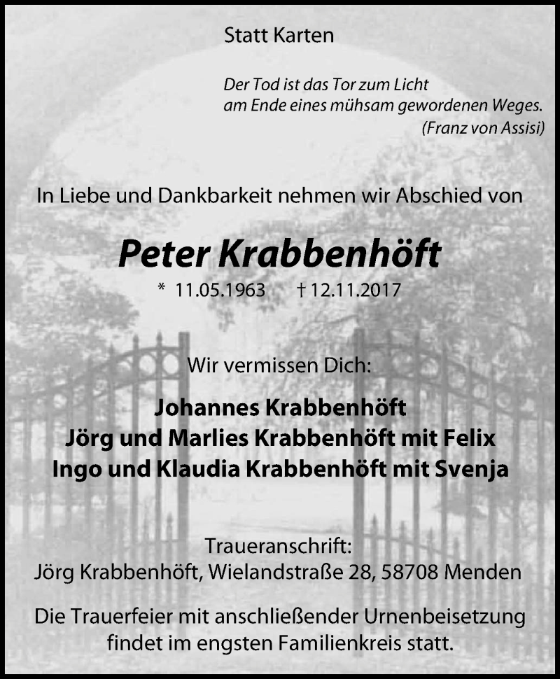  Traueranzeige für Peter Krabbenhöft vom 18.11.2017 aus Stadtspiegel Menden + Froendenberg