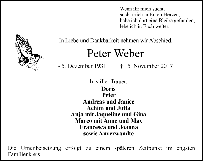  Traueranzeige für Peter Weber vom 18.11.2017 aus Stadtanzeiger Velbert + Heiligenhaus