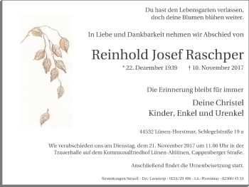 Traueranzeige von Reinhold Josef Raschper von Lüner Anzeiger