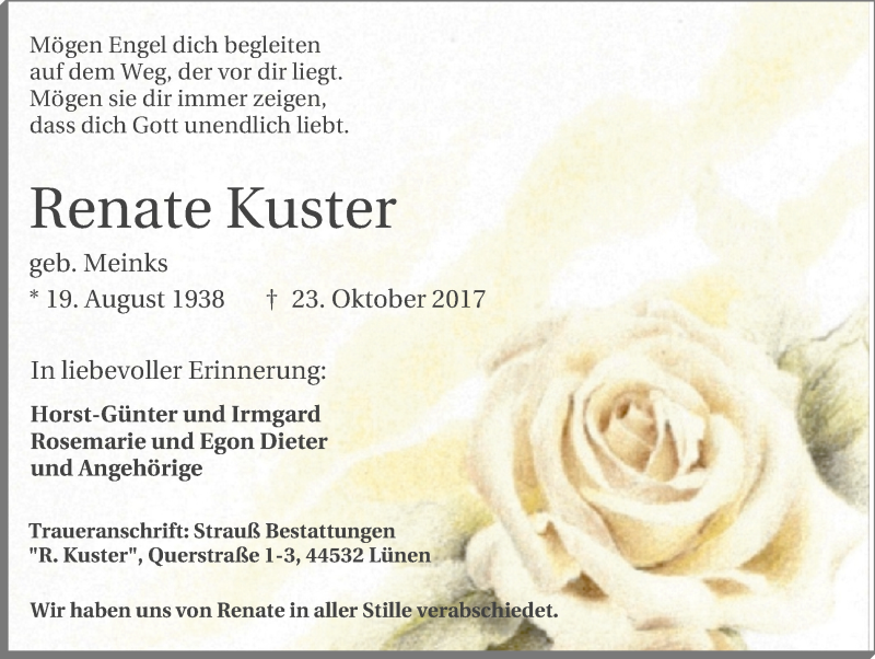  Traueranzeige für Renate Kuster vom 04.11.2017 aus Lüner Anzeiger