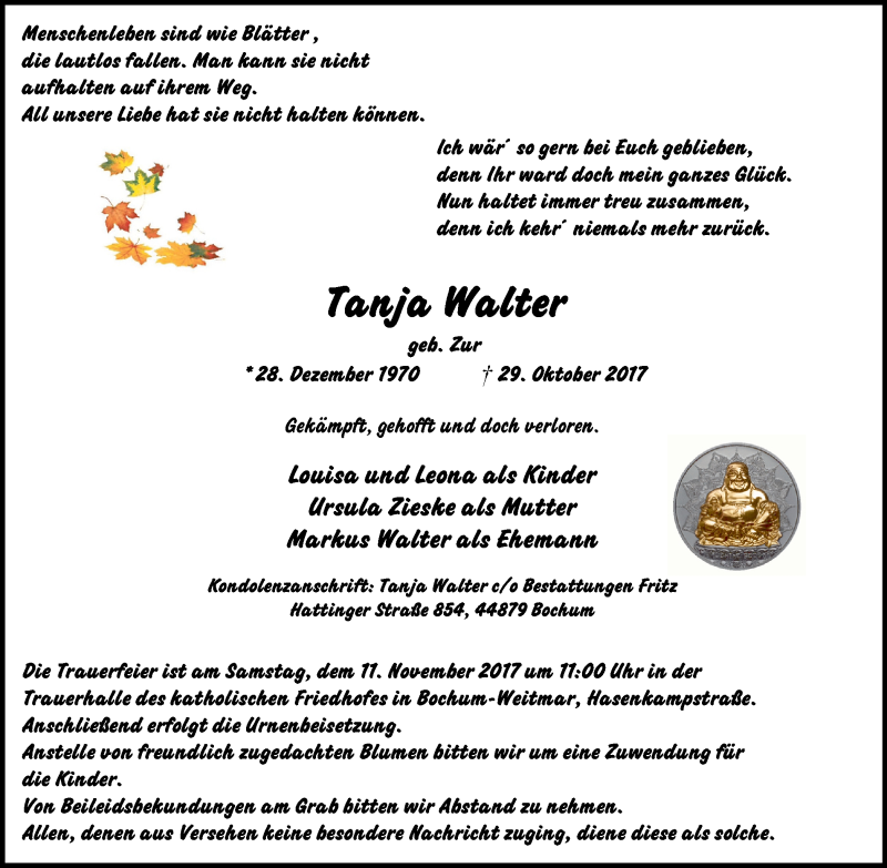  Traueranzeige für Tanja Walter vom 08.11.2017 aus Stadtspiegel Bochum